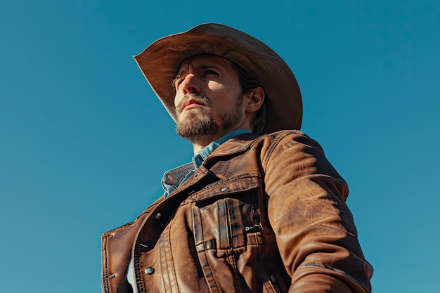 Photo portrait of adult man with brown leather jacket and cowboy hat against blue clear sky