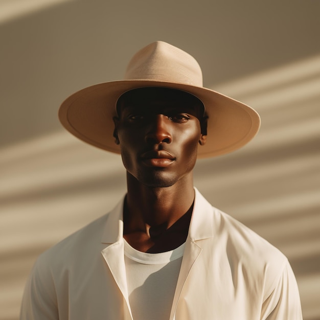 Portrait of an African American man in fashion photography style neutral beige palette