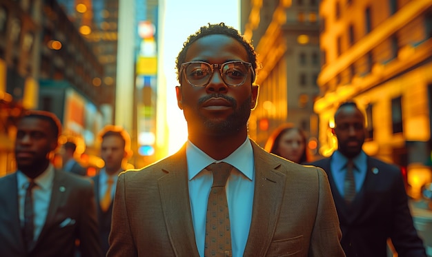 Portrait of African American mature businessman in suit among crowd of business people in urban city