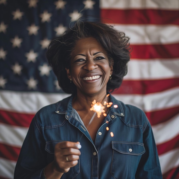 Portrait of African American middle aged woman holding sparkler front of American flag 4th of July