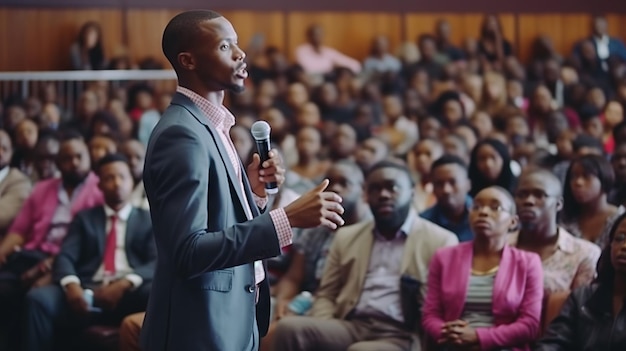 Portrait of african american public speaker giving talk at business event Generative AI