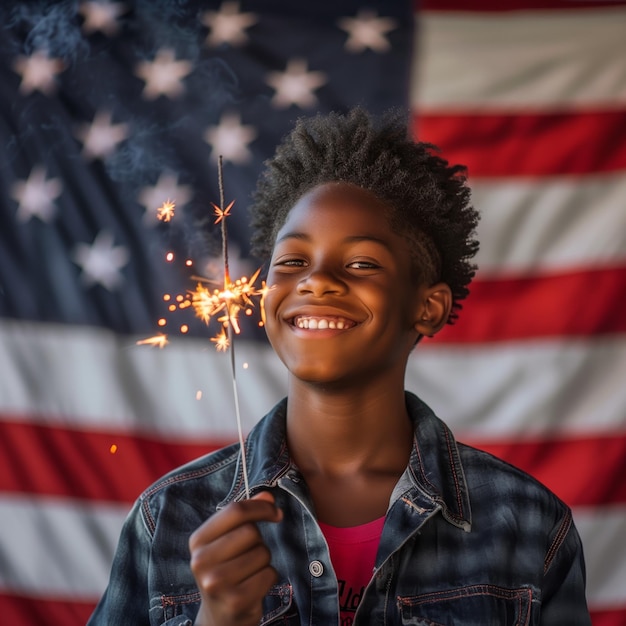 Portrait of an African American teenager boy holding sparkler in front of an American flag