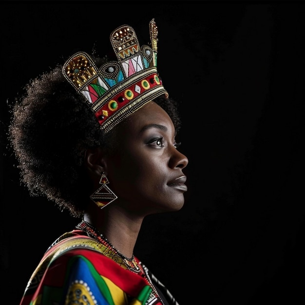 Portrait of african american woman in a crown on a black background Black history month