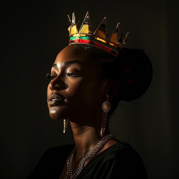 Portrait of african american woman in a crown on a black background Black history month