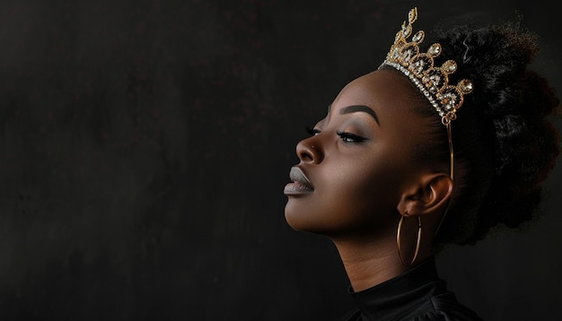 Portrait of african american woman in a crown on a black background Black history month