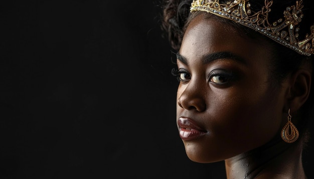 Portrait of african american woman in a crown on a black background Black history month