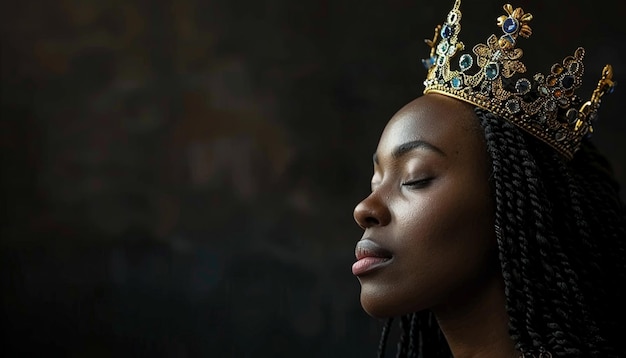 Portrait of african american woman in a crown on a black background Black history month