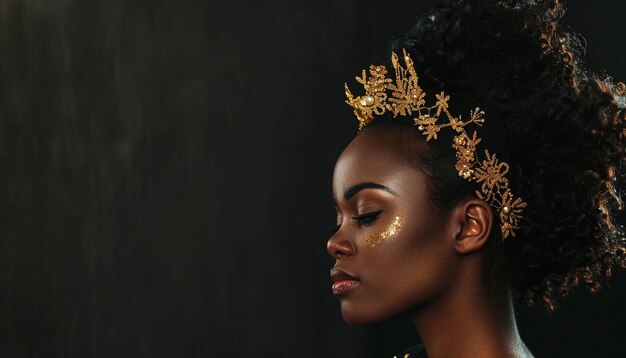 Portrait of african american woman in a crown on a black background Black history month