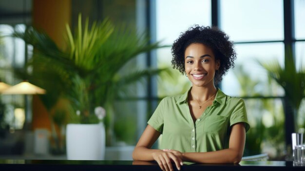 Portrait of african american woman working as a hotel receptionist palms on background