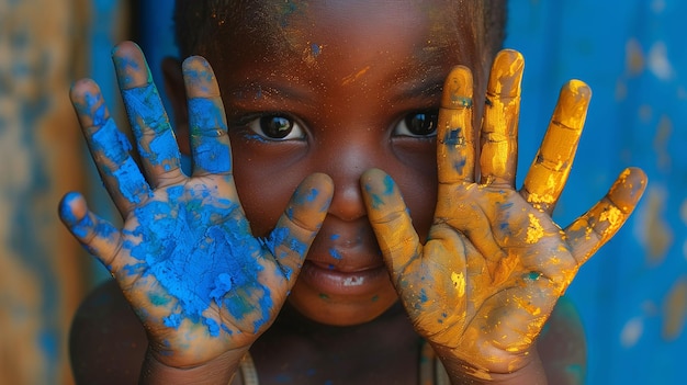 Photo portrait of an african boy shows his palms painted with blue and yellow paint