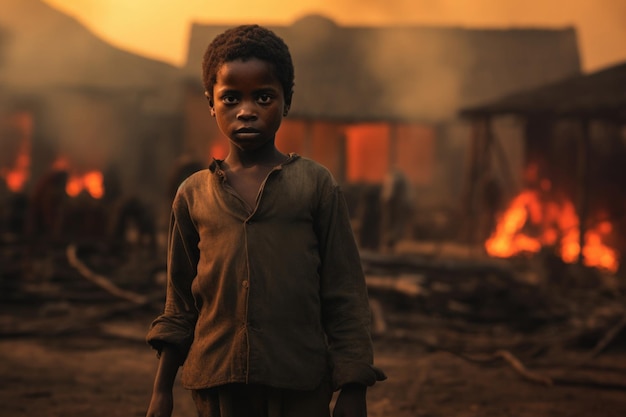 Portrait of African boy in traditional village Black boy looks in camera with sad emotion Problem of hunger and poverty in Africa