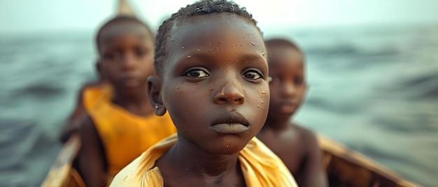 Portrait of African children in boat on migration journey to Europe Concept African Children Boat Migration Journey Europe Portrait