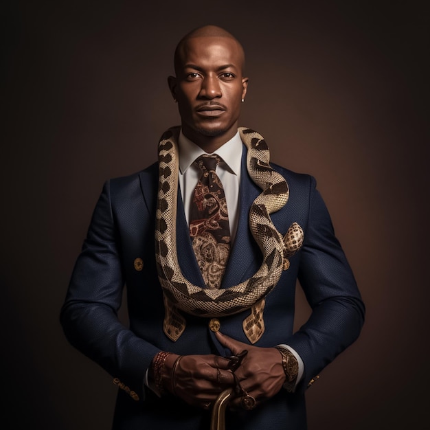 portrait of an African entrepreneur with cobra snake features wearing a 02 piece suit