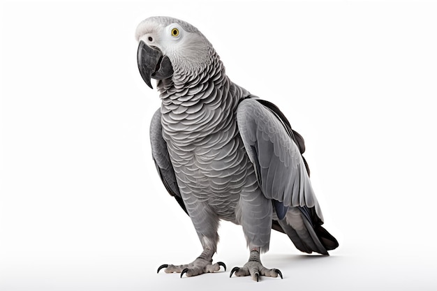 Portrait of African gray parrot isolated on a white background Side view