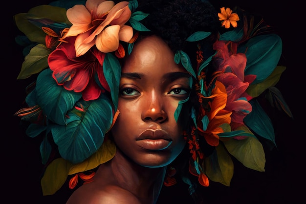 Portrait of African woman with tropical flowers Ai generated