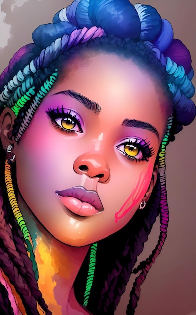 Portrait of a afro american nice girl box braids colored hair in digital painting style