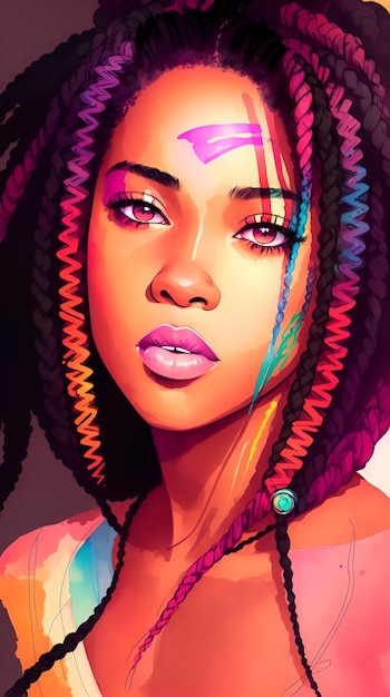 Portrait of a afro american nice girl box braids colored hair in digital painting style