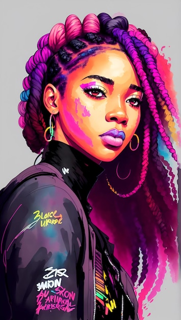 Portrait of a afro american nice girl box braids colored hair in digital painting style