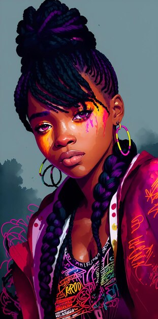 Portrait of a afro american nice girl box braids colored hair in digital painting style