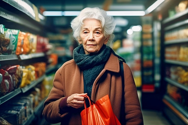 Portrait of aged grey haired woman with bag in supermarket