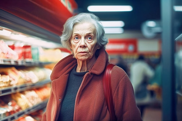 Portrait of aged grey haired woman with bag in supermarket