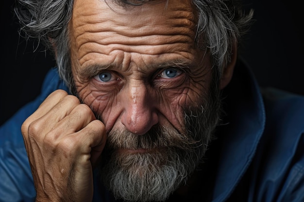 Portrait of a aged man with beard eyes full of sadness looking at camera