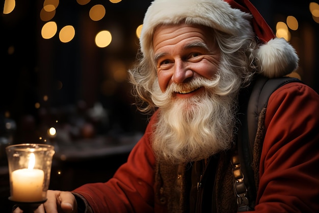 portrait of aged smiling santa claus in festive red costume