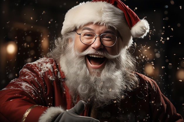 portrait of aged smiling santa claus in festive red costume