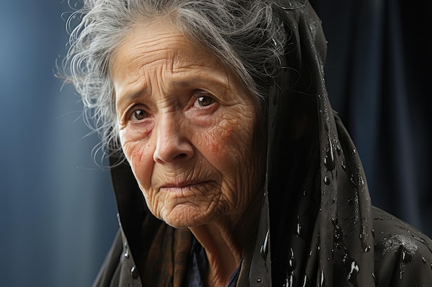 Portrait of a aged woman in the rain eyes full of sadness looking at camera