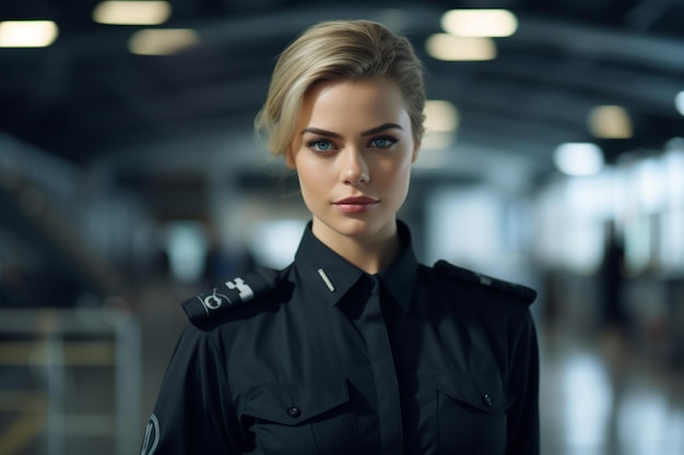 Portrait of a air stewardess in the airport hangar