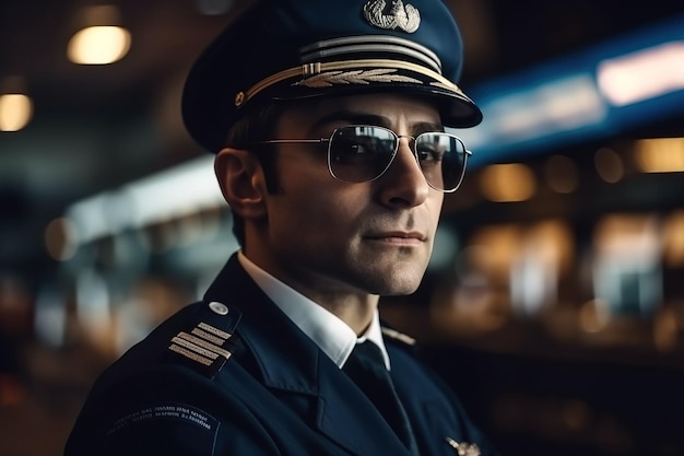 Portrait of airplane pilot captain with glasses at airport in the terminal Generative AI