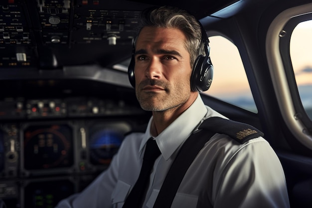 Photo portrait of airplane pilot looking over shoulder in a private jet