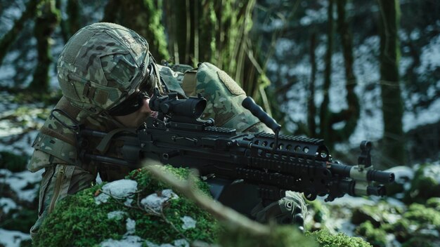 Portrait of airsoft player in professional equipment in helmet aiming at victim with gun in the forest. Soldier with weapons at war