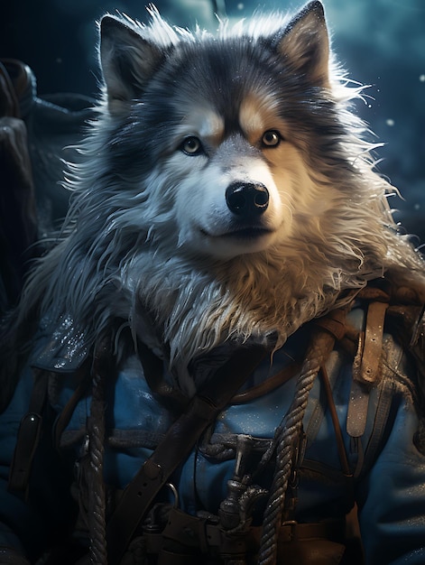 Portrait of Alaskan Malamute Pirate Sledder Sled Harness Fur Trimmed Par Animal Arts Collections