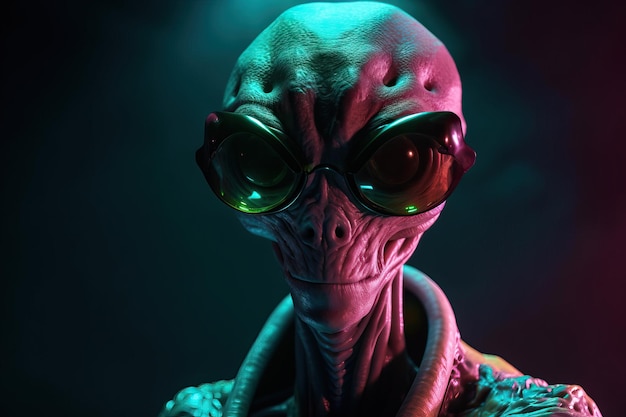 Portrait of alien in costume on color background AI generated