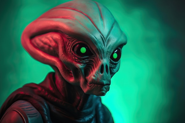 Portrait of alien in costume on color background AI generated