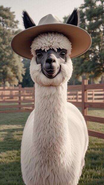 Photo portrait of an alpaca wearing hat generative ai