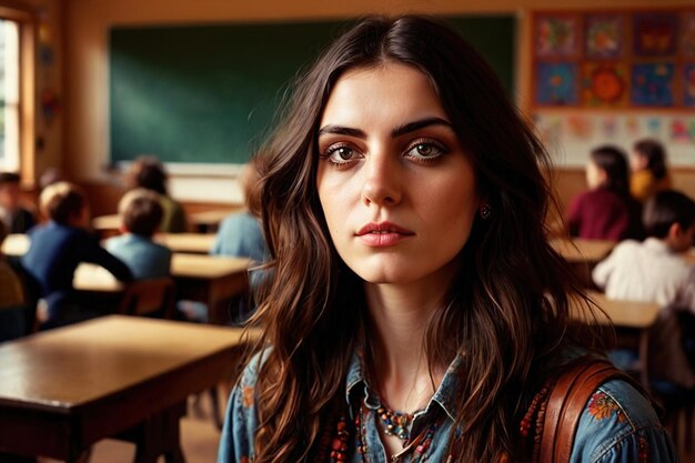 Portrait of Alternative Hippie senior teacher in front of classroom