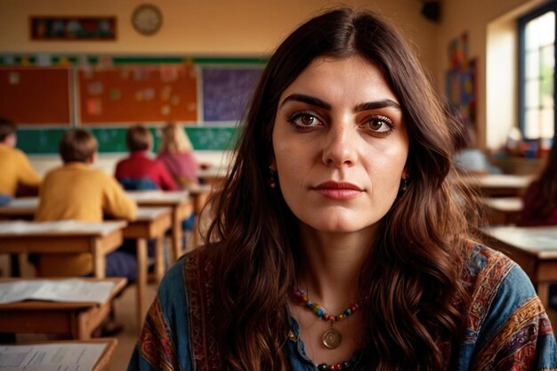 Portrait of Alternative Hippie senior teacher in front of classroom