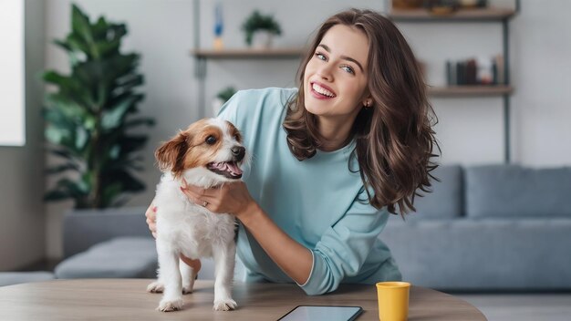 Portrait amazing joyful fashionable young woman playing with little dog in modern apartment