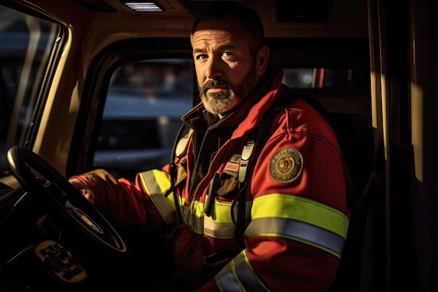 A portrait of an ambulance driver at night