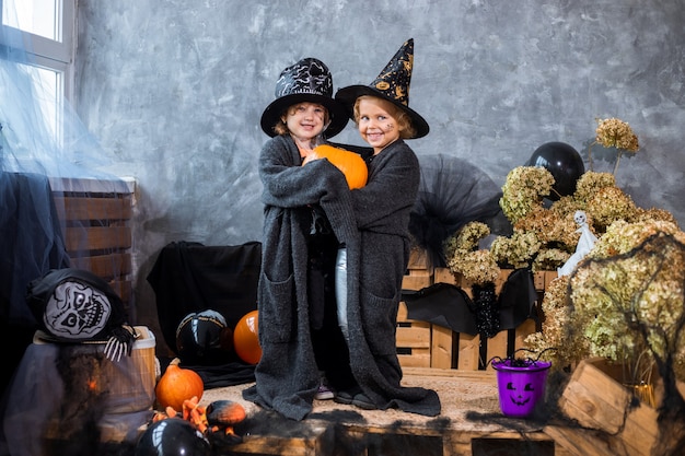 Photo portrait, among decor for halloween holiday, two girls 4-5 years old are having fun with pumpkin on background of black and orange decorations