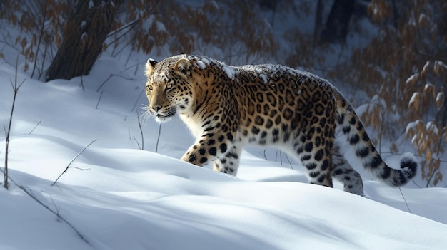 Portrait of Amur leopard a lone Amur leopard trudging through the deep snow Generative AI