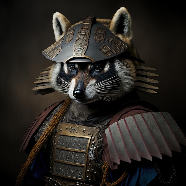 Portrait of an ancient samurai warrior Raccoon in ancient warrior armor