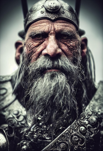 Portrait of an ancient warrior with a beard and in winter clothing Concept of an ancient warrior