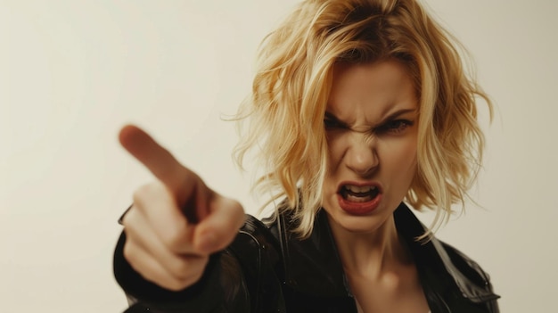 Photo portrait of angry blond woman points her finger at the camera and yells on white background