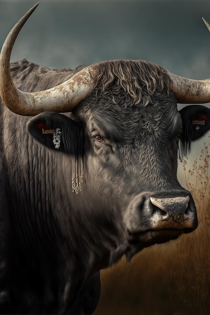 Portrait of an angry bull in a farm agricultural plain