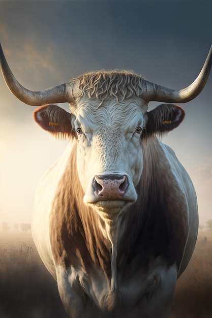 Portrait of an angry bull in a farm agricultural plain