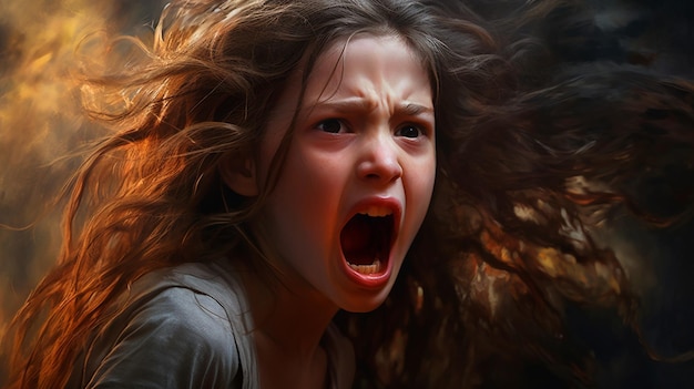 portrait of an angry little girl who screams