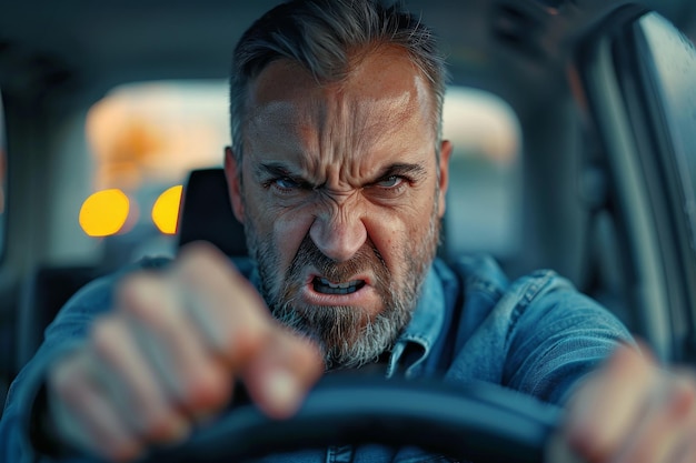 Photo a portrait of an angry man behind the wheel showing his fist aggressive driving situations on the ro